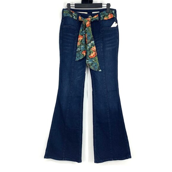 Anthropologie Pilcro Jeans Blue Denim Seamed Flare Leg Fabric Belt - Picture 1 of 9